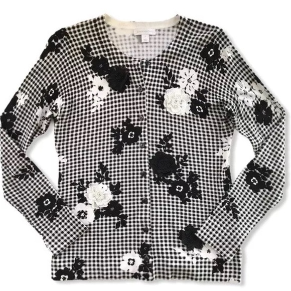 Charter Club NWT  black and white appliqué floral cardigan  - checkered sz L - Picture 9 of 9